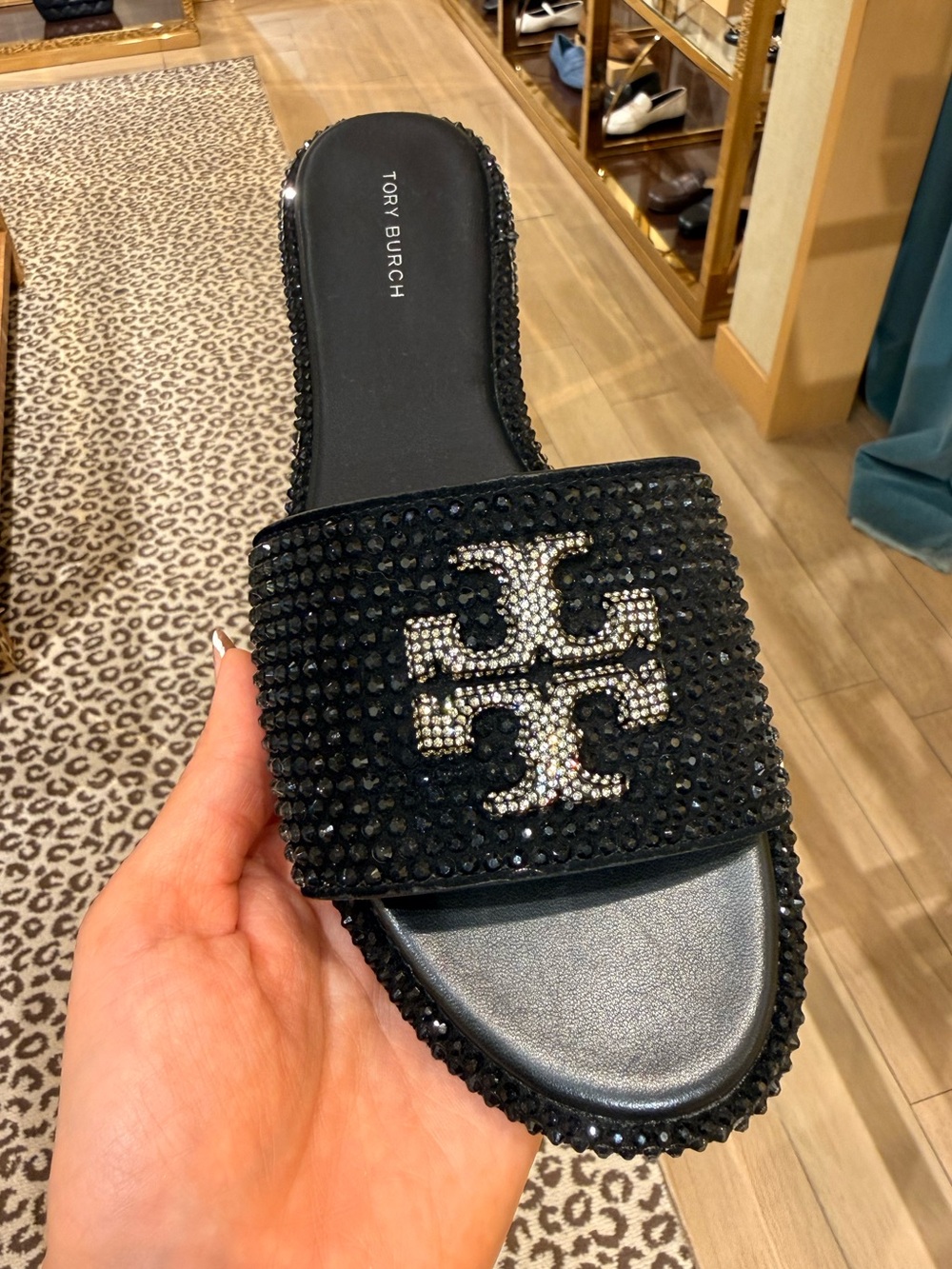Tory Burch Everly Crystal Logo Rhinestone Slide Sandals, Black / Clear / Silver - Picture 3 of 5